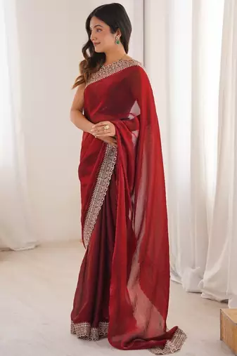 Red colour fendy satin embroidered lace border saree