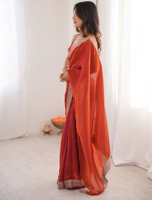 Orange colour fendy satin embroidered lace border saree 4