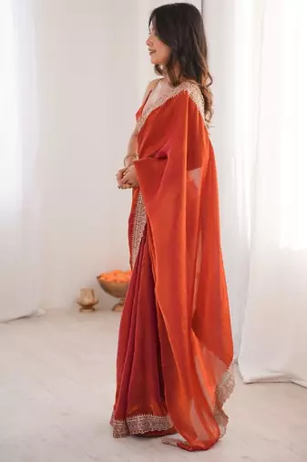 Orange colour fendy satin embroidered lace border saree