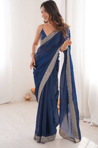 Blue colour fendy satin embroidered lace border saree