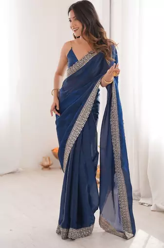 Blue colour fendy satin embroidered lace border saree