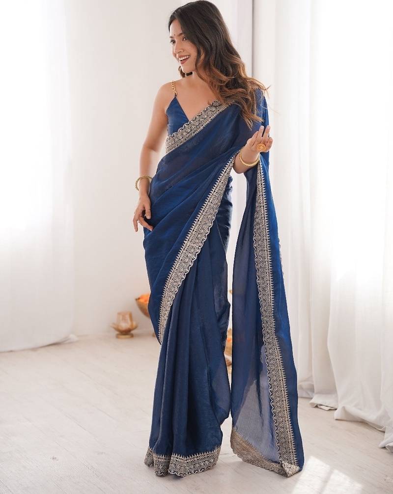 Blue colour fendy satin embroidered lace border saree