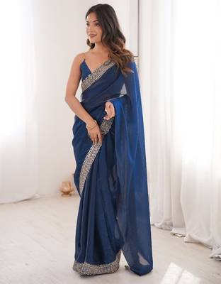 Blue colour fendy satin embroidered lace border saree 2