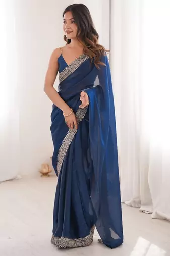 Blue colour fendy satin embroidered lace border saree