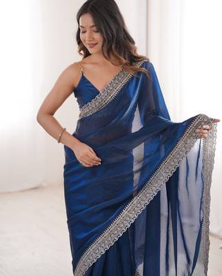 Blue colour fendy satin embroidered lace border saree 3