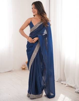 Blue colour fendy satin embroidered lace border saree 4