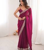 Wine colour fendy satin embroidered lace border saree