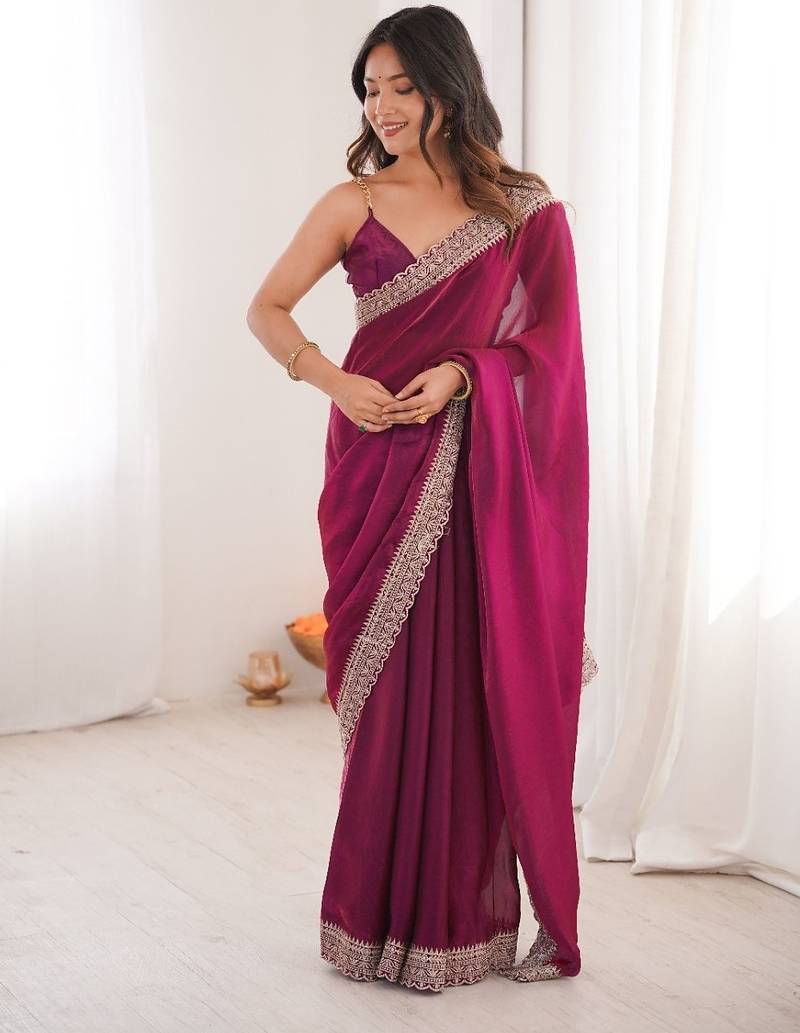 Wine colour fendy satin embroidered lace border saree