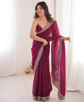 Wine colour fendy satin embroidered lace border saree 2