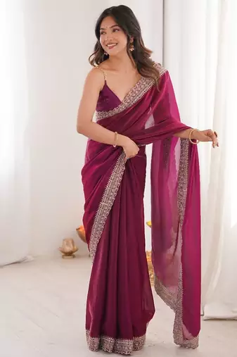 Wine colour fendy satin embroidered lace border saree