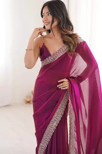 Wine colour fendy satin embroidered lace border saree