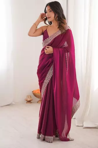 Wine colour fendy satin embroidered lace border saree