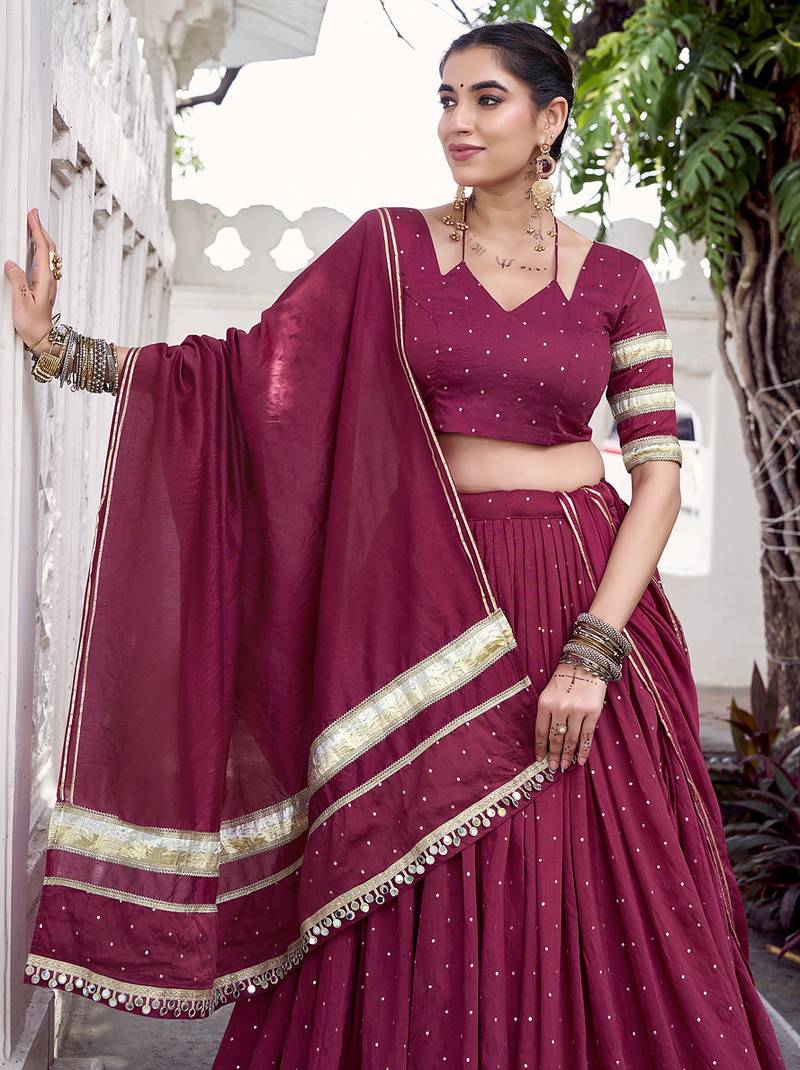 Chanderi with Fine Zari Weaving & Lace Finish Lehenga Set - Full stitched free size