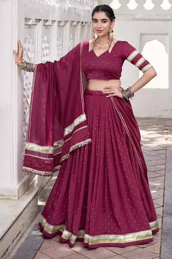 Chanderi with Fine Zari Weaving & Lace Finish Lehenga Set - Full stitched free size