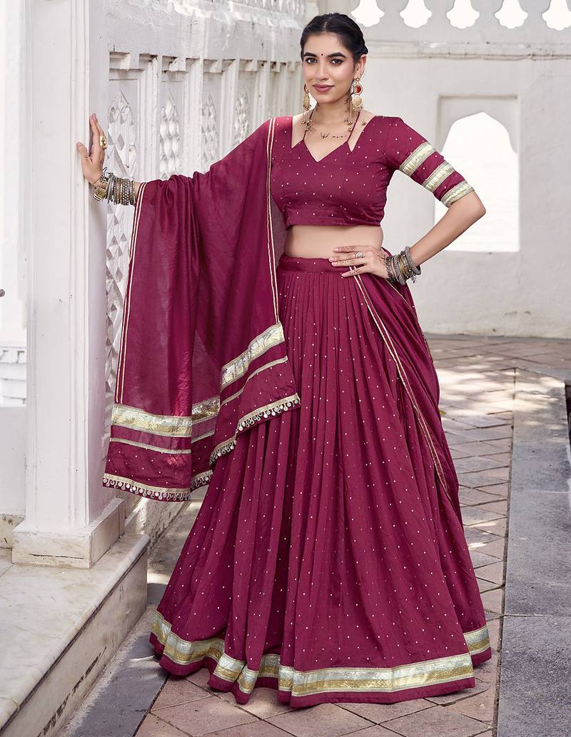 Chanderi with Fine Zari Weaving & Lace Finish Lehenga Set - Full stitched free size