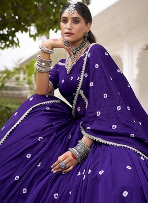  Chanderi  with  Bandhej Print & Lace Touch-Up Lehenga Set - Full stitched free size 4