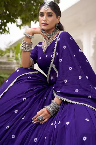  Chanderi  with  Bandhej Print & Lace Touch-Up Lehenga Set - Full stitched free size