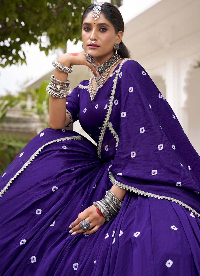  Chanderi  with  Bandhej Print & Lace Touch-Up Lehenga Set - Full stitched free size