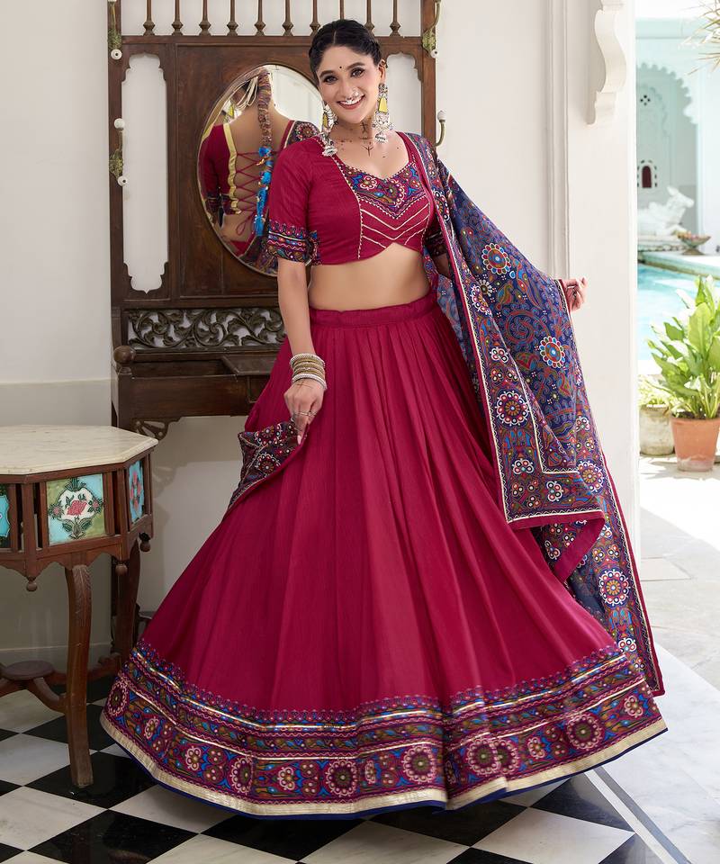 Tussar silk blend Gotta Patti Lace Work Lehenga Set - Full stitched free size