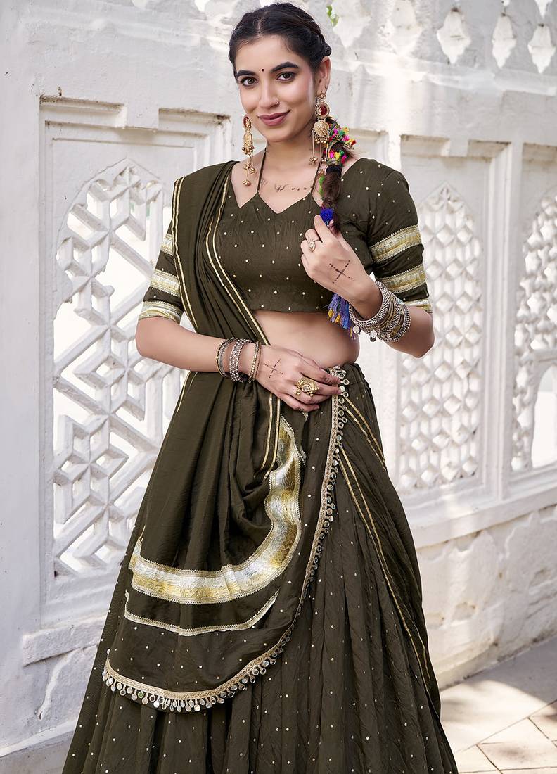 Chanderi with Fine Zari Weaving & Lace Finish Lehenga Set - Full stitched free size