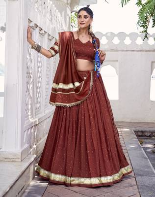 Chanderi with Fine Zari Weaving & Lace Finish Lehenga Set - Full stitched free size 1