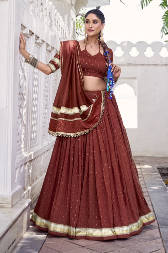 Chanderi with Fine Zari Weaving & Lace Finish Lehenga Set - Full stitched free size