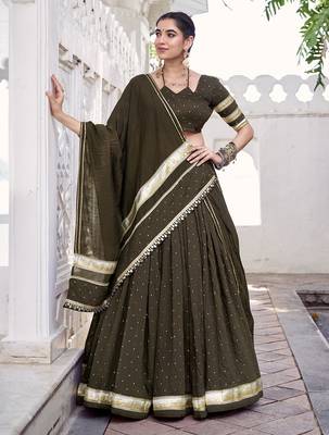 Chanderi with Fine Zari Weaving & Lace Finish Lehenga Set - Full stitched free size 4