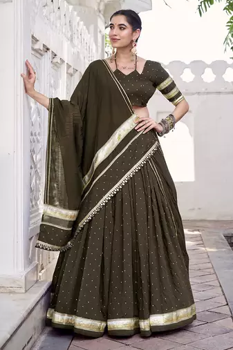 Chanderi with Fine Zari Weaving & Lace Finish Lehenga Set - Full stitched free size