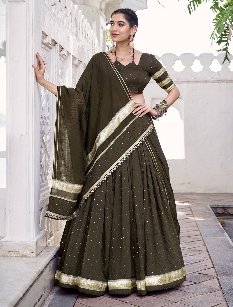 Chanderi with Fine Zari Weaving & Lace Finish Lehenga Set - Full stitched free size