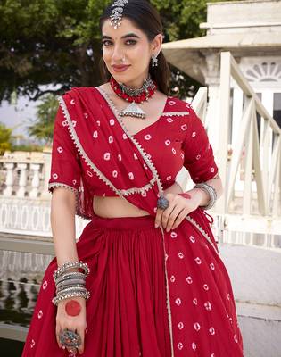  Chanderi  with  Bandhej Print & Lace Touch-Up Lehenga Set - Full stitched free size 2