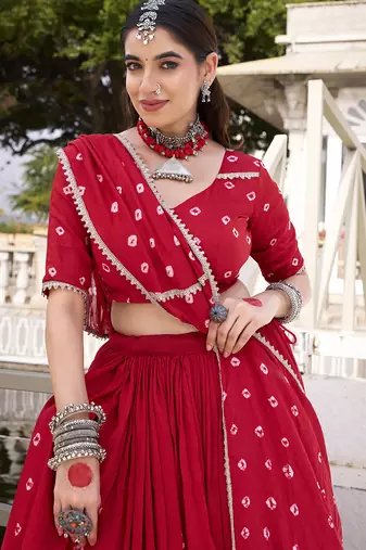  Chanderi  with  Bandhej Print & Lace Touch-Up Lehenga Set - Full stitched free size