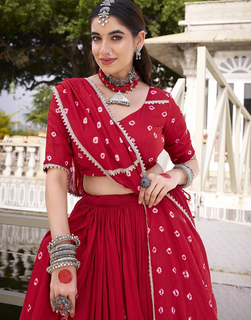  Chanderi  with  Bandhej Print & Lace Touch-Up Lehenga Set - Full stitched free size