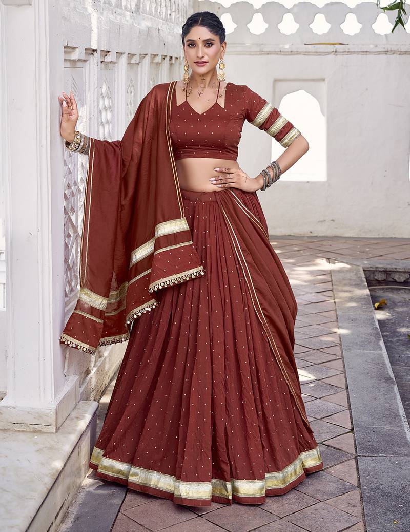 Chanderi with Fine Zari Weaving & Lace Finish Lehenga Set - Full stitched free size