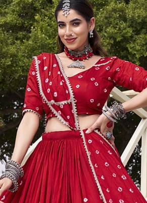  Chanderi  with  Bandhej Print & Lace Touch-Up Lehenga Set - Full stitched free size 3