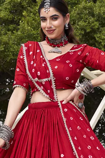  Chanderi  with  Bandhej Print & Lace Touch-Up Lehenga Set - Full stitched free size