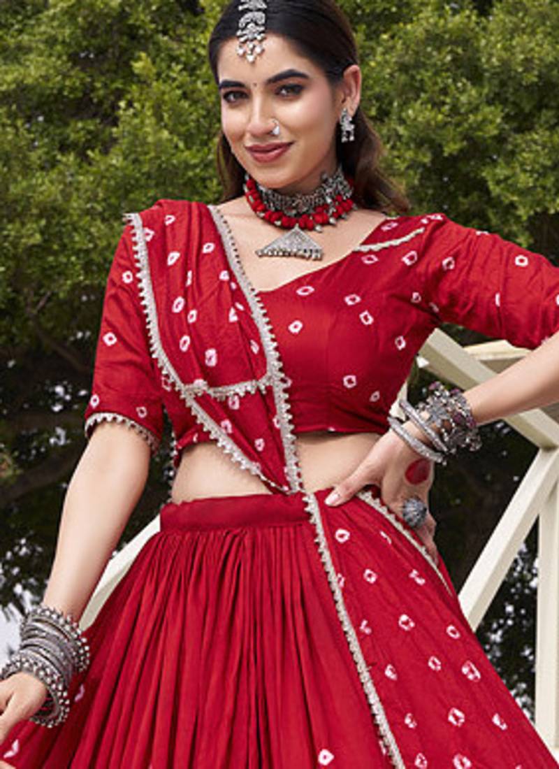  Chanderi  with  Bandhej Print & Lace Touch-Up Lehenga Set - Full stitched free size