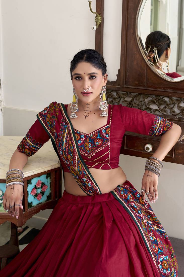 Tussar silk blend Gotta Patti Lace Work Lehenga Set - Full stitched free size