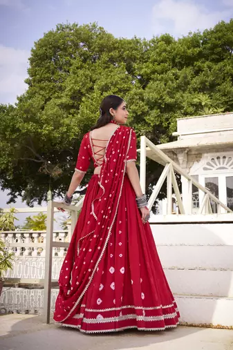  Chanderi  with  Bandhej Print & Lace Touch-Up Lehenga Set - Full stitched free size