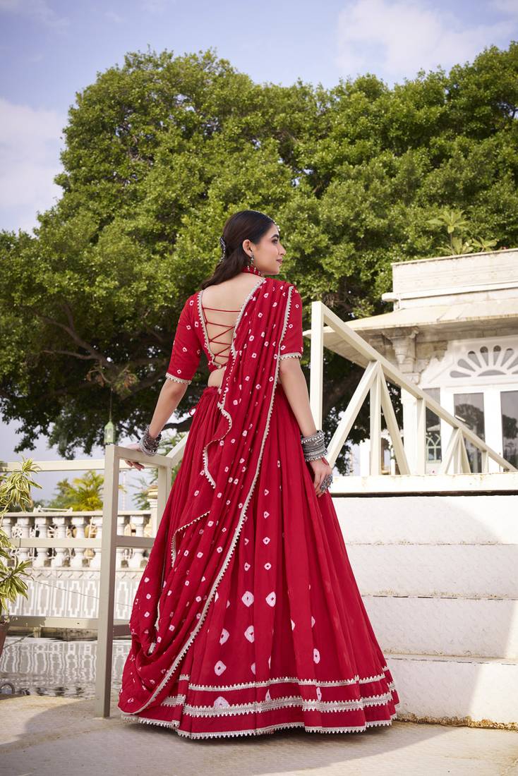  Chanderi  with  Bandhej Print & Lace Touch-Up Lehenga Set - Full stitched free size