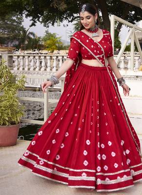  Chanderi  with  Bandhej Print & Lace Touch-Up Lehenga Set - Full stitched free size 1