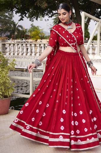  Chanderi  with  Bandhej Print & Lace Touch-Up Lehenga Set - Full stitched free size