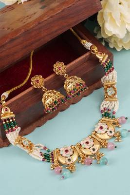   Gold plated indian traditional temple jewellery necklace set with adjustable thread for wo  and girls 1