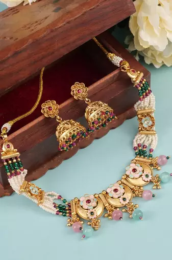   Gold plated indian traditional temple jewellery necklace set with adjustable thread for wo  and girls