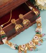   Gold plated indian traditional temple jewellery necklace set with adjustable thread for wo  and girls