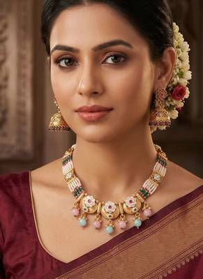   Gold plated indian traditional temple jewellery necklace set with adjustable thread for wo  and girls 2