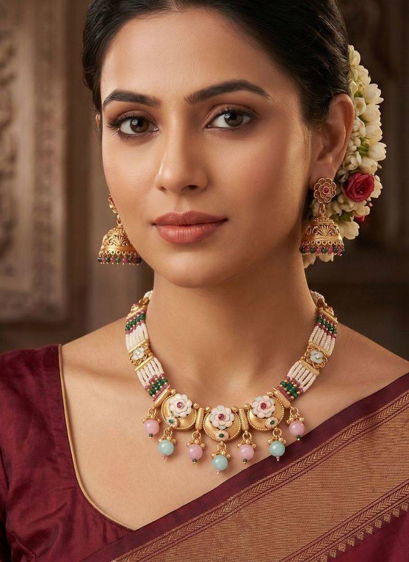   Gold plated indian traditional temple jewellery necklace set with adjustable thread for wo  and girls