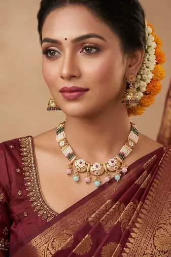   Gold plated indian traditional temple jewellery necklace set with adjustable thread for wo  and girls