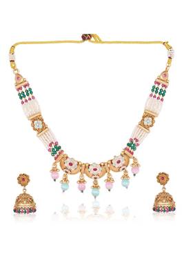   Gold plated indian traditional temple jewellery necklace set with adjustable thread for wo  and girls 5