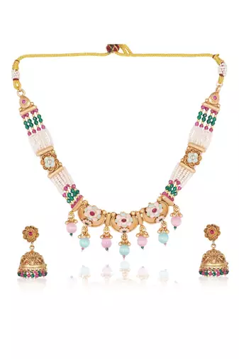   Gold plated indian traditional temple jewellery necklace set with adjustable thread for wo  and girls