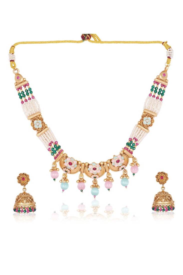   Gold plated indian traditional temple jewellery necklace set with adjustable thread for wo  and girls